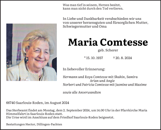 Todesanzeige von Maria Comtesse von saarbruecker_zeitung