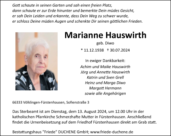 Todesanzeige von Marianne Hauswirth von saarbruecker_zeitung