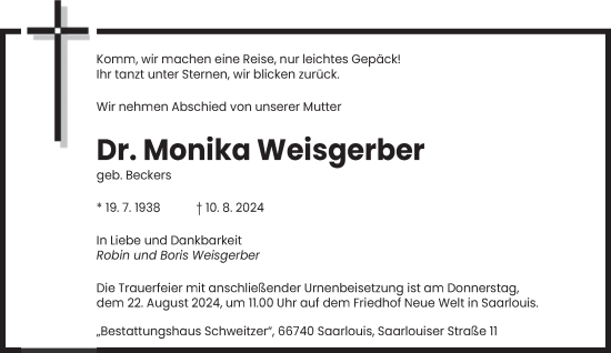 Todesanzeige von Monika Weisgerber von saarbruecker_zeitung