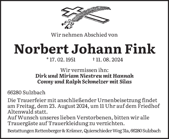 Todesanzeige von Norbert Johann Fink von saarbruecker_zeitung