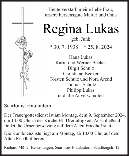 Todesanzeige von Regina Lukas von saarbruecker_zeitung