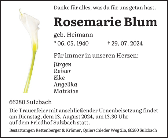 Todesanzeige von Rosemarie Blum von saarbruecker_zeitung