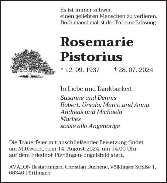 Todesanzeige von Rosemarie Pistorius von saarbruecker_zeitung