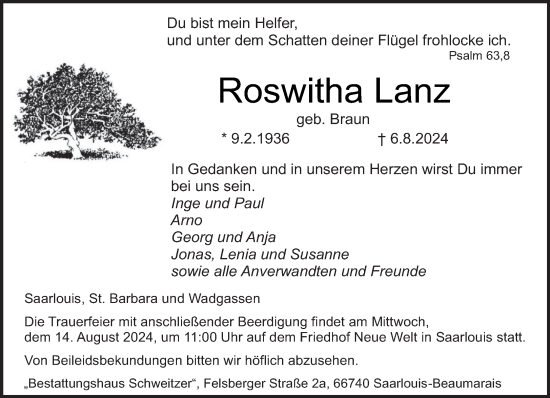 Todesanzeige von Roswitha Lanz von saarbruecker_zeitung