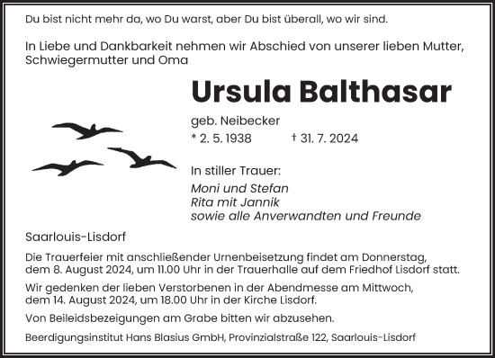 Todesanzeige von Ursula Balthasar von saarbruecker_zeitung