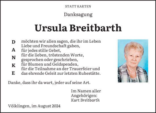 Todesanzeige von Ursula Breitbarth von saarbruecker_zeitung