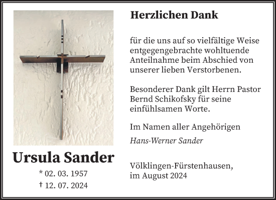 Todesanzeige von Ursula Sander von saarbruecker_zeitung