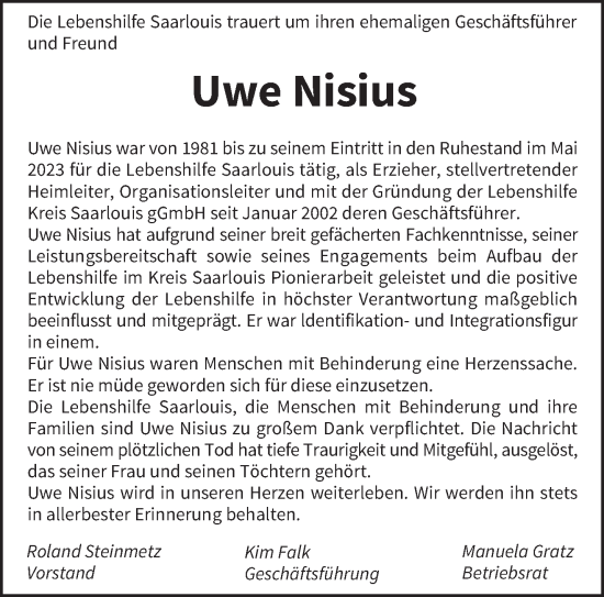 Todesanzeige von Uwe Nisius von saarbruecker_zeitung