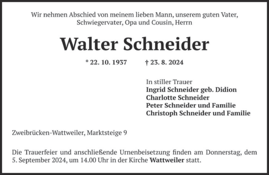 Todesanzeige von Walter Schneider von saarbruecker_zeitung