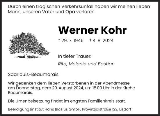 Todesanzeige von Werner Kohr von saarbruecker_zeitung