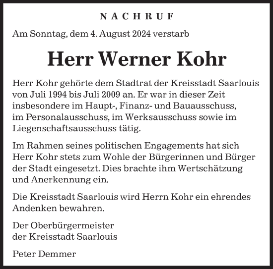 Todesanzeige von Werner Kohr von saarbruecker_zeitung