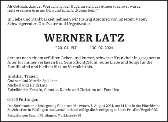 Todesanzeige von Werner Latz von saarbruecker_zeitung