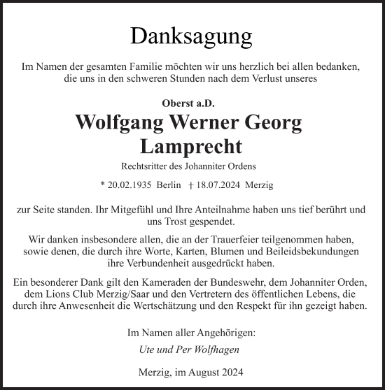 Todesanzeige von WolfgangWerner Georg Lamprecht von saarbruecker_zeitung