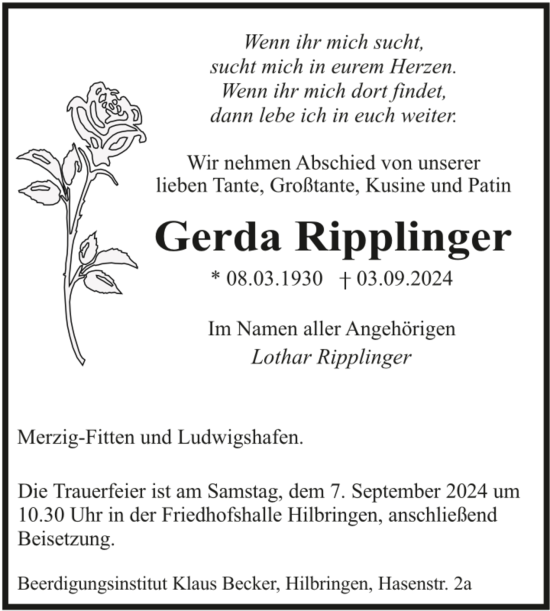 Todesanzeige von Gerda Ripplinger von saarbruecker_zeitung