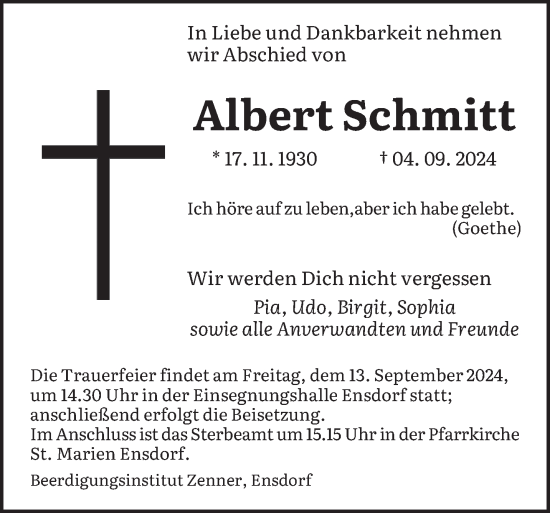 Todesanzeige von Albert Schmitt von saarbruecker_zeitung