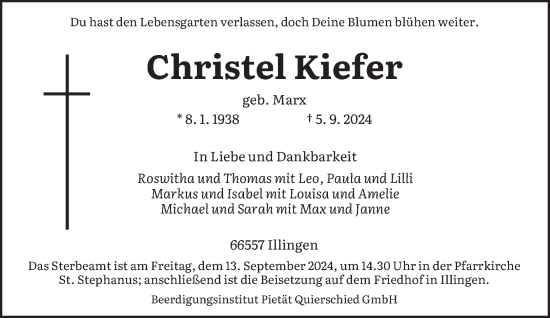 Todesanzeige von Christel Kiefer von saarbruecker_zeitung