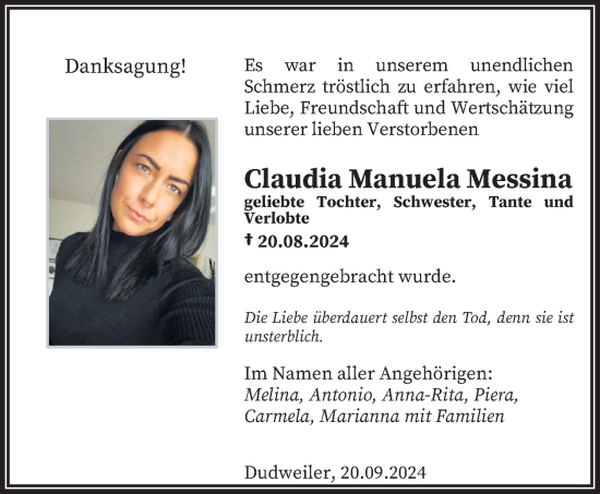 Todesanzeige von Claudia Manuela Messina von saarbruecker_zeitung