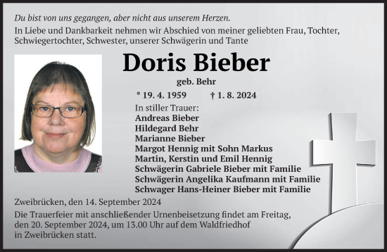 Todesanzeige von Doris Bieber von saarbruecker_zeitung