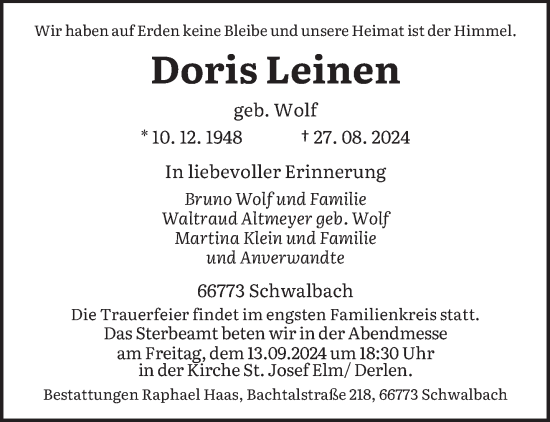 Todesanzeige von Doris Leinen von saarbruecker_zeitung