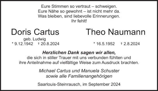 Todesanzeige von Doris und Theo Cartus, Naumann von saarbruecker_zeitung