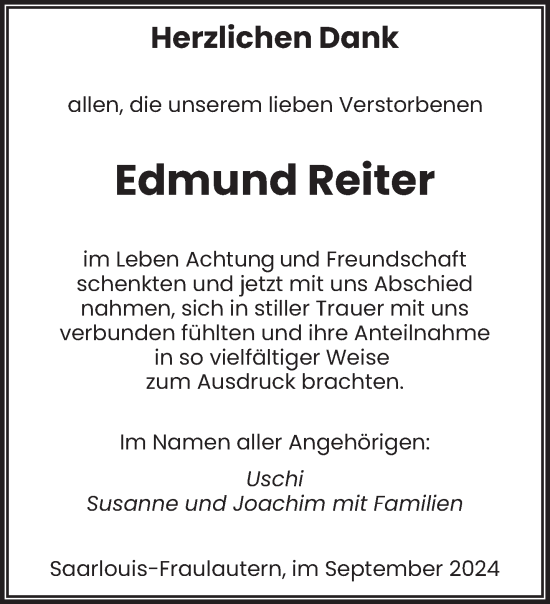 Todesanzeige von Edmund Reiter von saarbruecker_zeitung