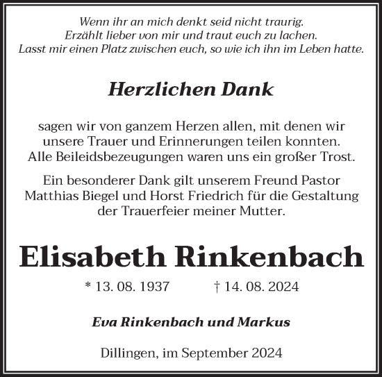 Todesanzeige von Elisabeth Rinkenbach von saarbruecker_zeitung