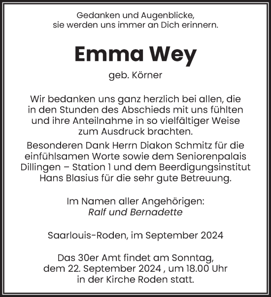 Todesanzeige von Emma Wey von saarbruecker_zeitung