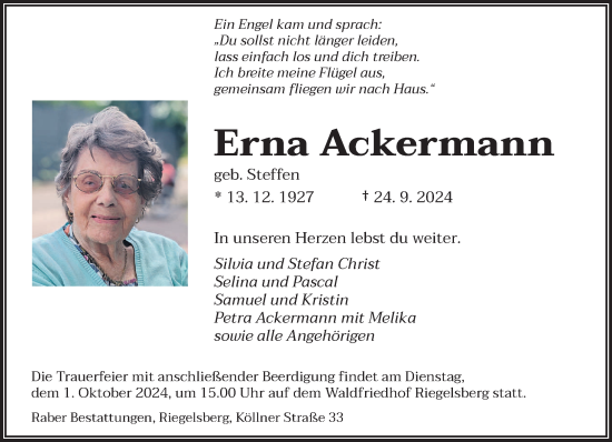 Todesanzeige von Erna Ackermann von saarbruecker_zeitung