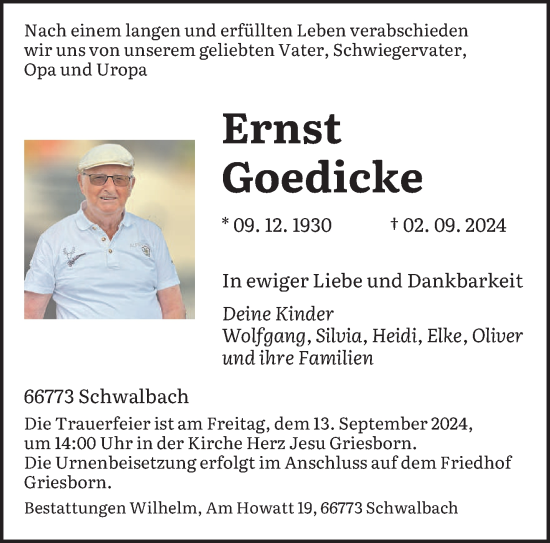 Todesanzeige von Ernst Goedicke von saarbruecker_zeitung