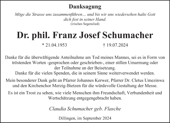 Todesanzeige von Franz Josef Schumacher von saarbruecker_zeitung