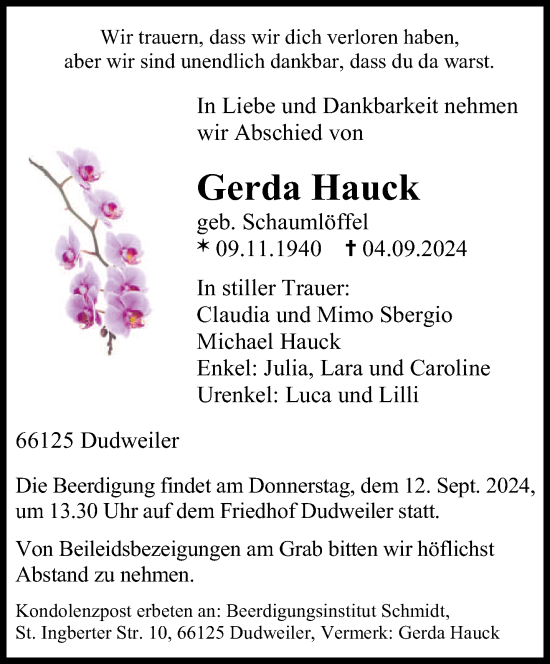 Todesanzeige von Gerda Hauck von saarbruecker_zeitung