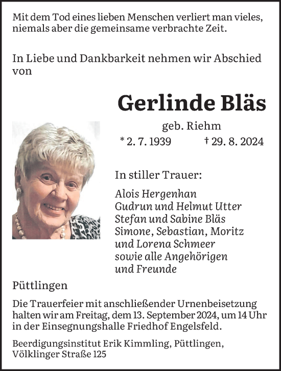 Todesanzeige von Gerlinde Bläs von saarbruecker_zeitung