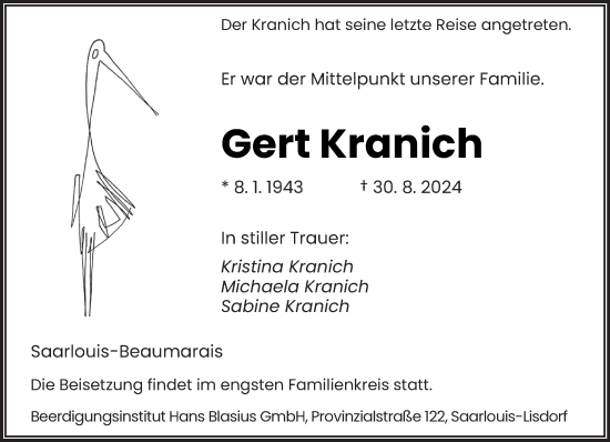 Todesanzeige von Gert Kranich von saarbruecker_zeitung