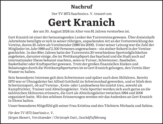 Todesanzeige von Gert Kranich von saarbruecker_zeitung