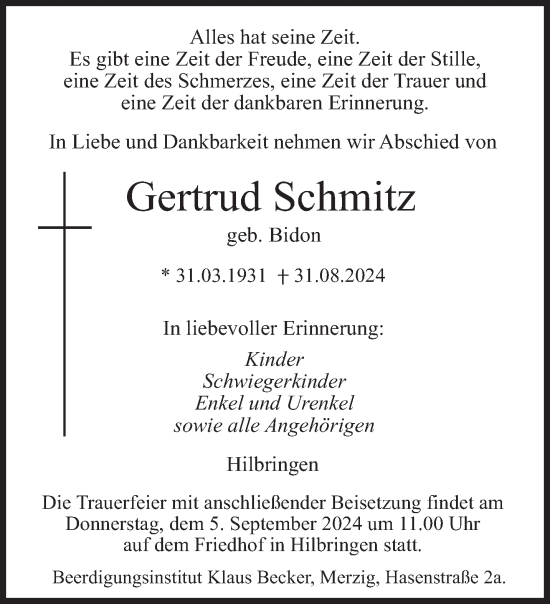 Todesanzeige von Gertrud Schmitz von saarbruecker_zeitung