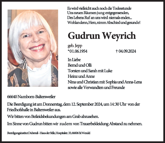 Todesanzeige von Gudrun Weyrich von saarbruecker_zeitung