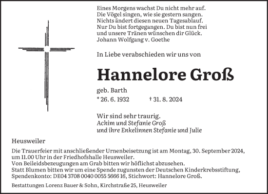 Todesanzeige von Hannelore Groß von saarbruecker_zeitung