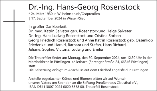 Todesanzeige von Hans-Georg Rosenstock von saarbruecker_zeitung