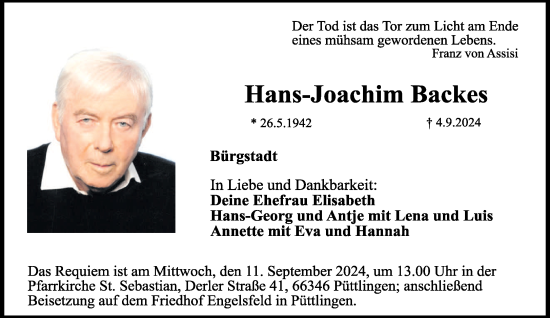 Todesanzeige von Hans-Joachim Backes von saarbruecker_zeitung