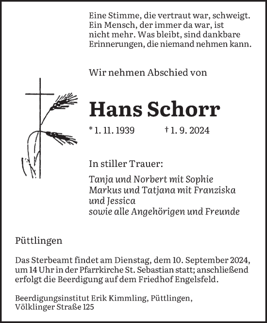 Todesanzeige von Hans Schorr von saarbruecker_zeitung