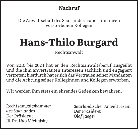 Todesanzeige von Hans-Thilo Burgard von saarbruecker_zeitung