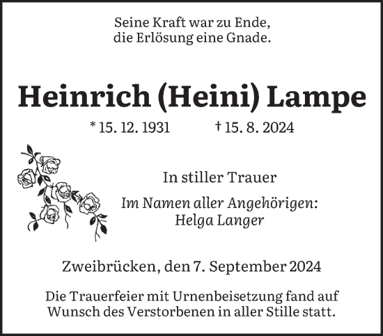 Todesanzeige von Heinrich Lampe von saarbruecker_zeitung