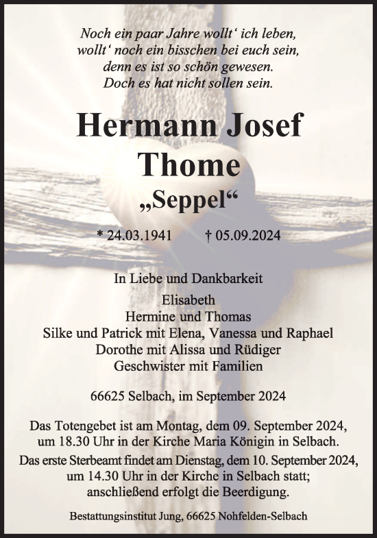 Todesanzeige von Hermann Josef Thome von saarbruecker_zeitung