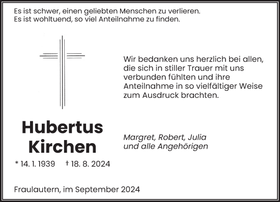 Todesanzeige von Hubertus Kirchen von saarbruecker_zeitung