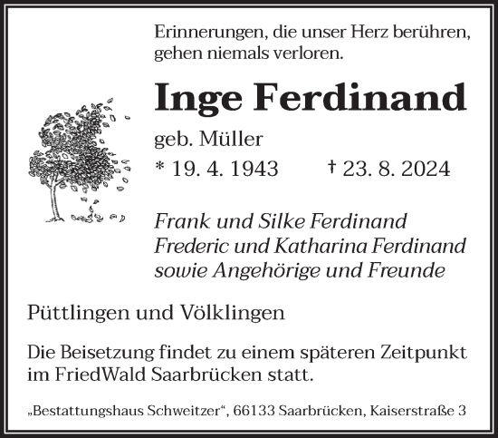 Todesanzeige von Inge Ferdinand von saarbruecker_zeitung