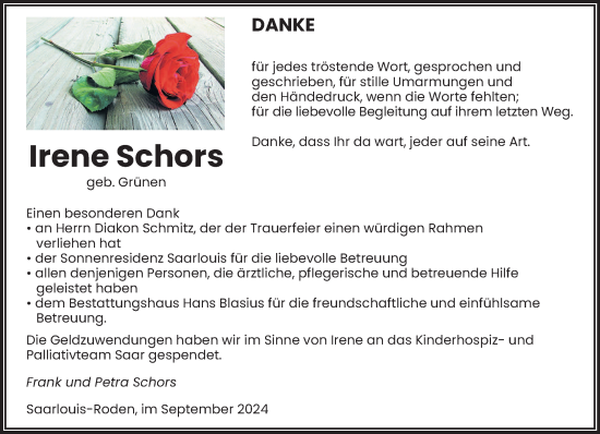 Todesanzeige von Irene Schors von saarbruecker_zeitung