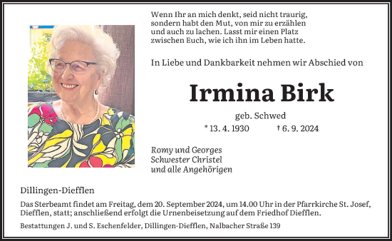 Todesanzeige von Irmina Birk von saarbruecker_zeitung