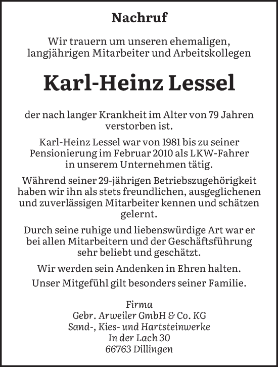 Todesanzeige von Karl-Heinz Lessel von saarbruecker_zeitung