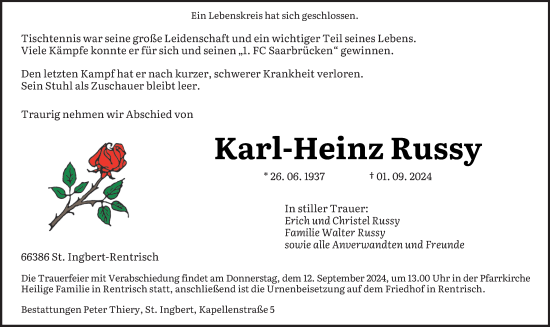 Todesanzeige von Karl-Heinz Russy von saarbruecker_zeitung