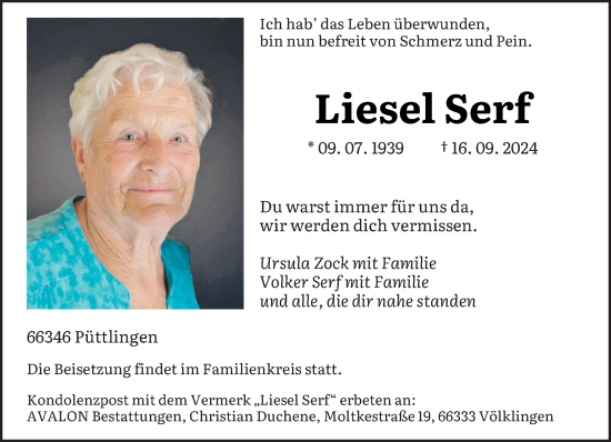 Todesanzeige von Liesel Serf von saarbruecker_zeitung